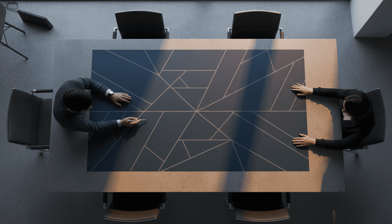 Two professionals collaborating on strategic consulting documents at a modern conference table