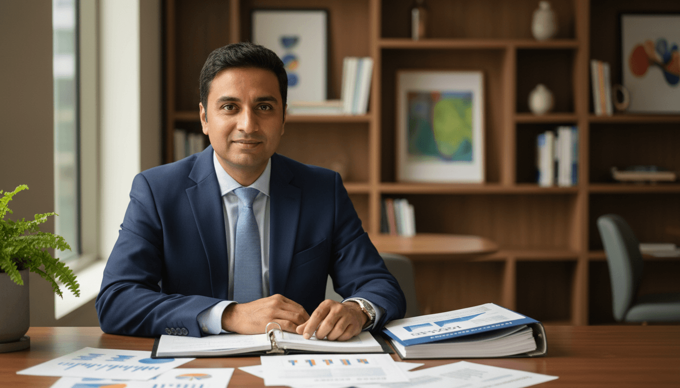 Mohit Jain, founder of Synergy HPL Solutions, at his desk reviewing HPL industry consulting materials