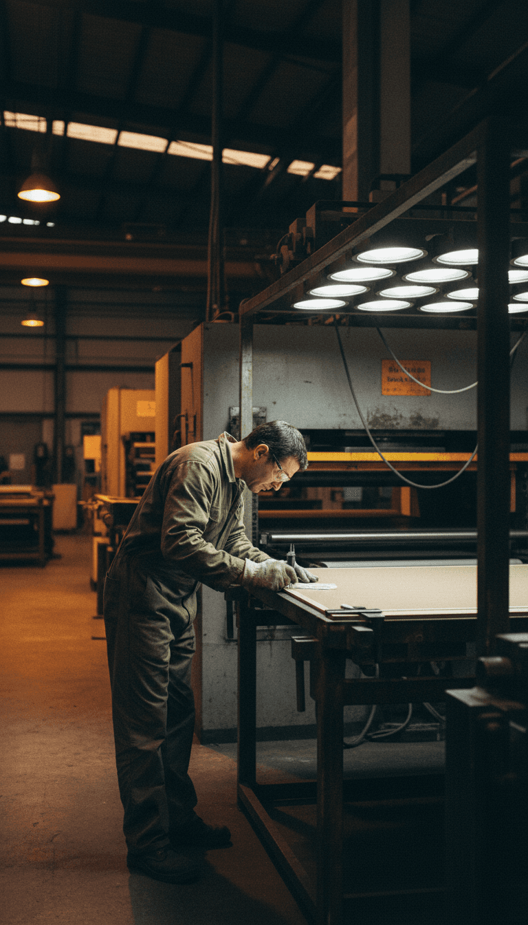 HPL manufacturing technician inspecting laminate production quality
