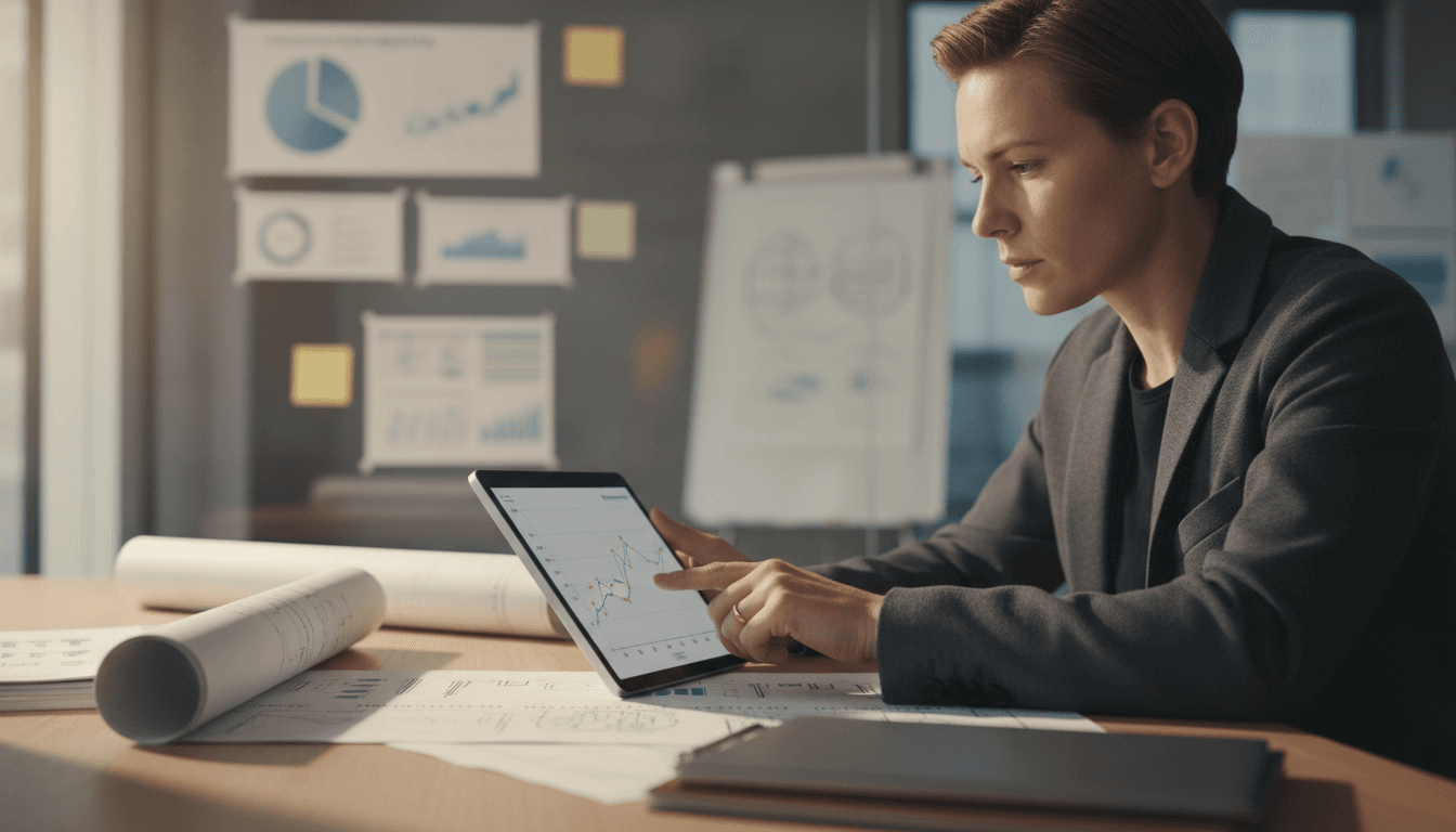 Consultant analyzing HPL manufacturing data on tablet at desk