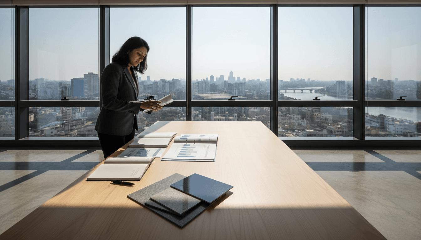 Manufacturing consultant reviewing strategic HPL industry documents in modern office setting