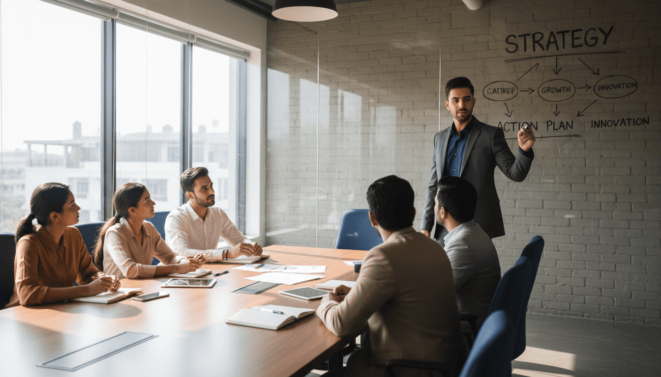 Business consultant presenting strategy at whiteboard in modern conference room