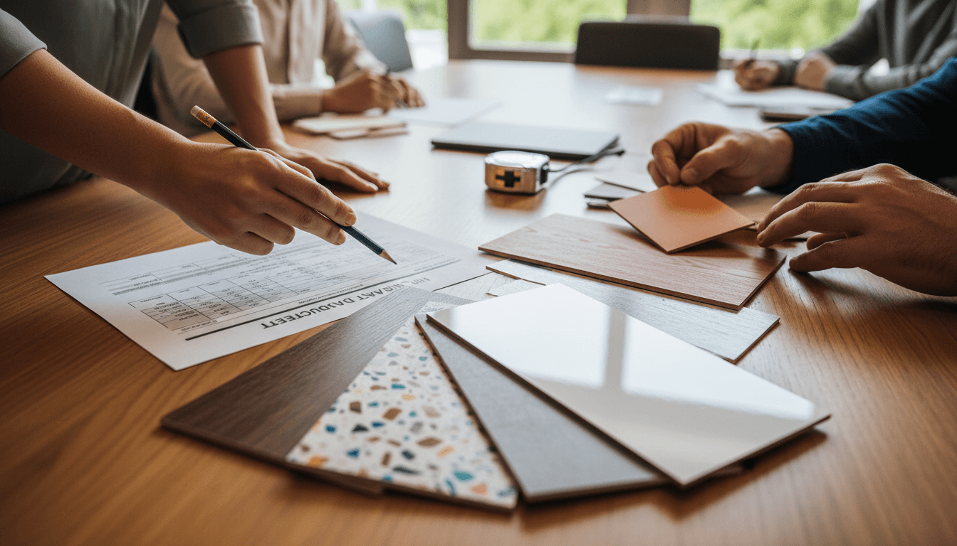 Detailed view of HPL material samples and technical specifications being reviewed during consulting analysis