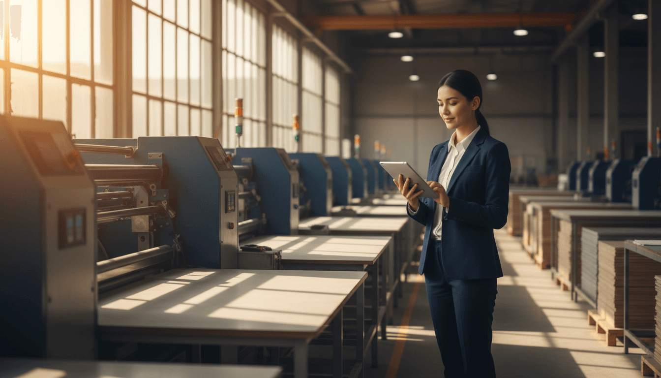 Management consultant reviewing HPL manufacturing operations in a modern production facility